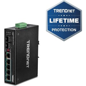 TRENDnet 6-Port Hardened Industrial Gigabit PoE+ DIN-Rail Switch, 4 x Gigabit PoE+ Ports, Shared Gigabit Port (RJ-45/SFP), Dedicated SFP, 120W Power Budget, IP30, Lifetime Protection, Black, TI-PG62