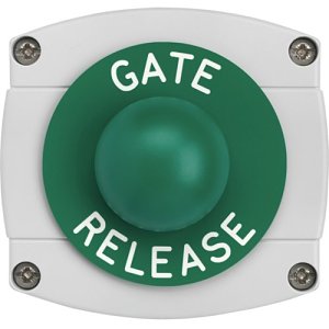 3E 3E0657-GB-GR Dome Exit Button, Momentary Contact, IP66 Surface Mount, GATE RELEASE Text, Green Button with Grey and Black Housing