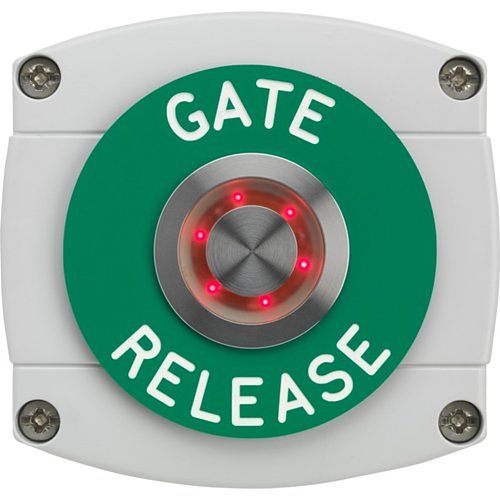 3E 3E0659NI-GB-GR Vandal-Resistant LED Illuminated Exit Button, Momentary Contact, IP66 Surface Mount, GATE RELEASE Text, Grey and Black Housing